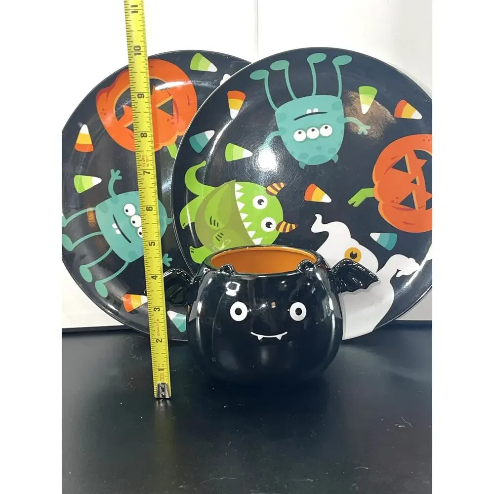 Halloween Serving Set Cauldron Bowl & 2 Plates Pumpkin Frankenstein Bat